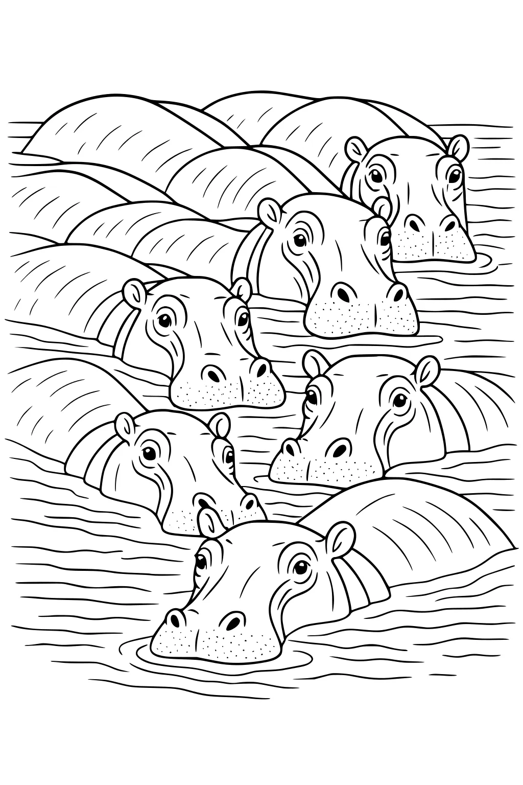 Six hippos float side by side in the river, with their large heads, bumpy backs, and round ears above swirling water lines.