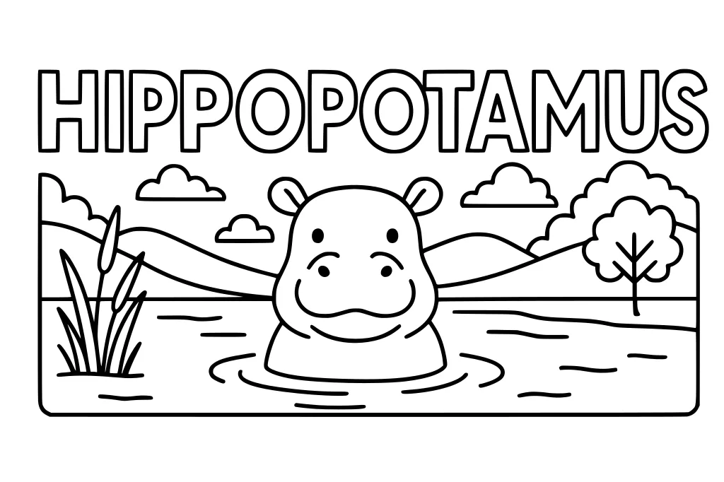 Hippo sticking head out of a pond with cattails, tree, clouds, and HIPPOPOTAMUS written above.