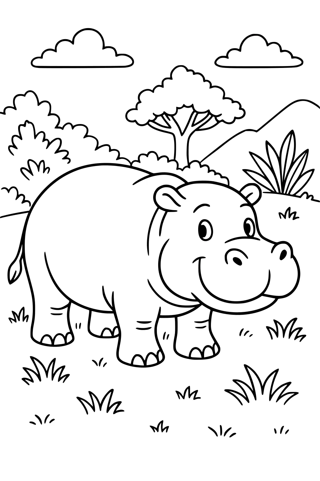 Cartoon hippopotamus smiling in a field with grass, bushes, a tree, clouds, and hills in the background.