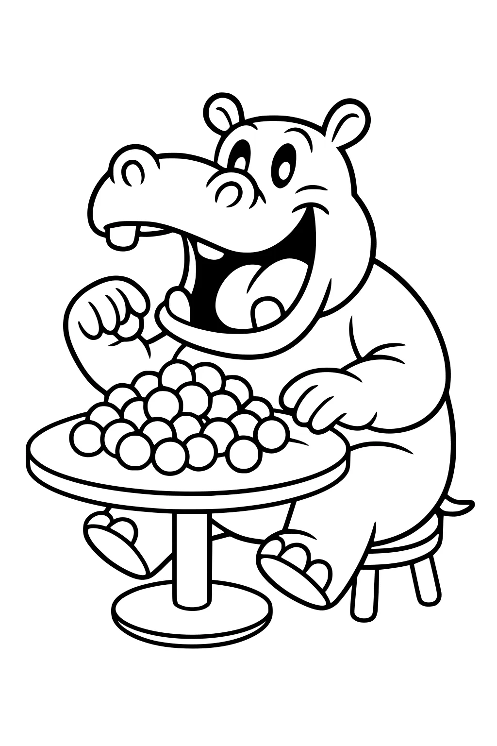 Cartoon hippopotamus sitting on stool eating round snacks from a table, with big eyes and an open mouth.