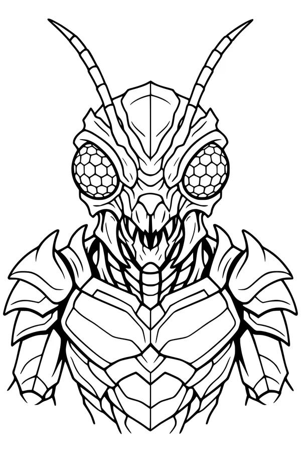 Free Insectoid Alien Coloring Page - Armored Space Captain Bust (Printable PDF)