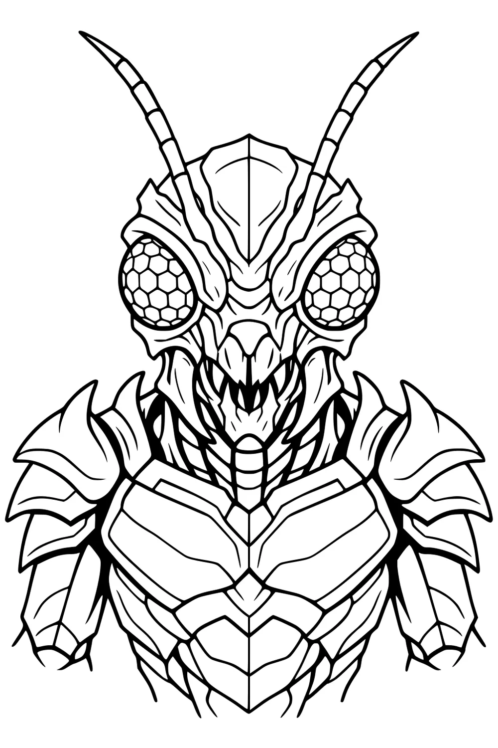 Insect-like alien bust with antennae, hexagon-pattern eyes, sharp mandibles, and layered armor plates on chest and shoulders, black outline.