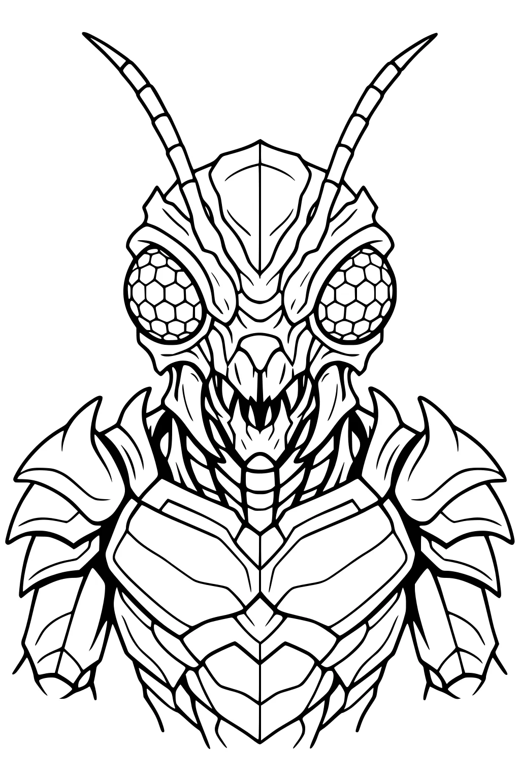 Insect-like alien bust with antennae, hexagon-pattern eyes, sharp mandibles, and layered armor plates on chest and shoulders, black outline.