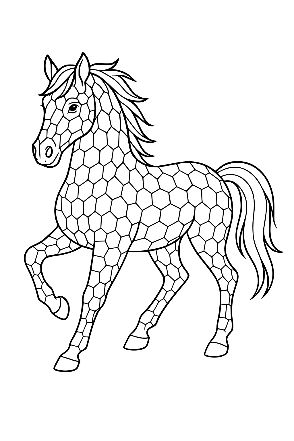 Horse with a hexagon honeycomb pattern on its body, wild mane, tail, and a raised front leg.