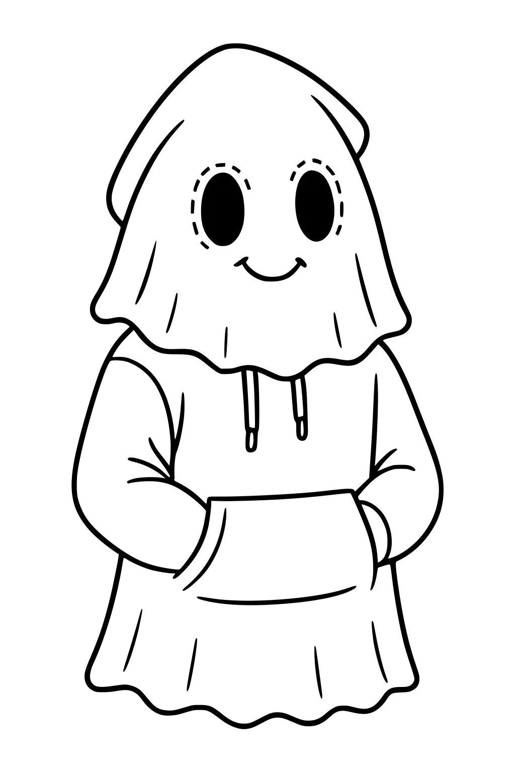 Smiling sheet ghost in a hoodie with drawstrings and hands in a front pocket, big oval eyes with dashed outlines, bold simple lines.