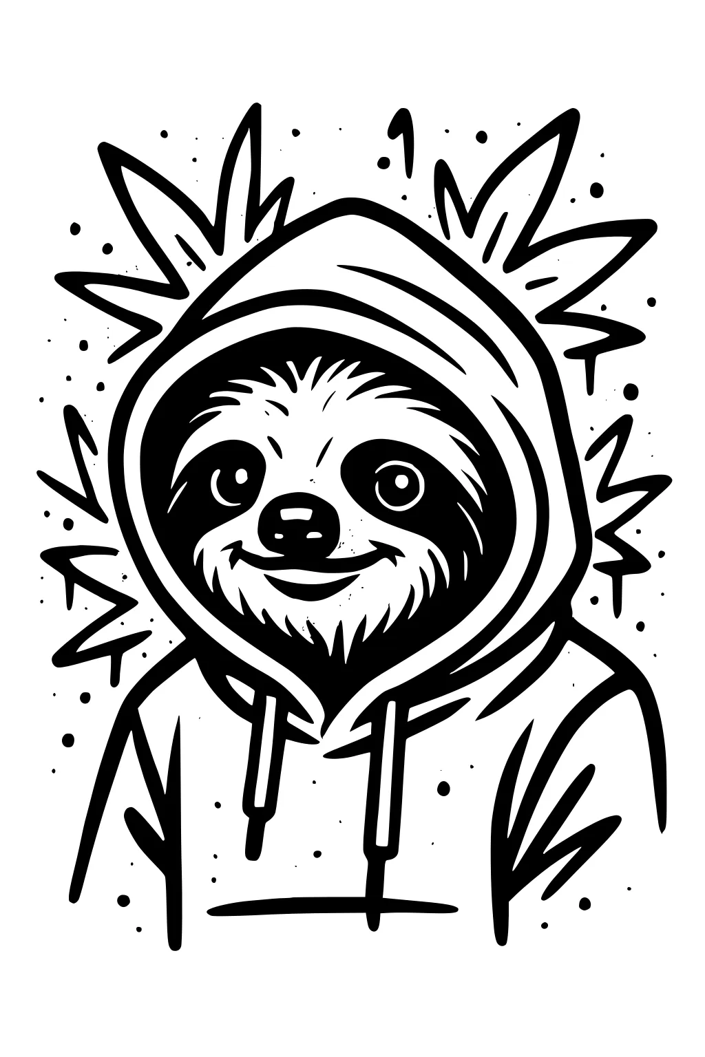 Drawing of a smiling sloth in a hoodie with fun lines and dots in the background.