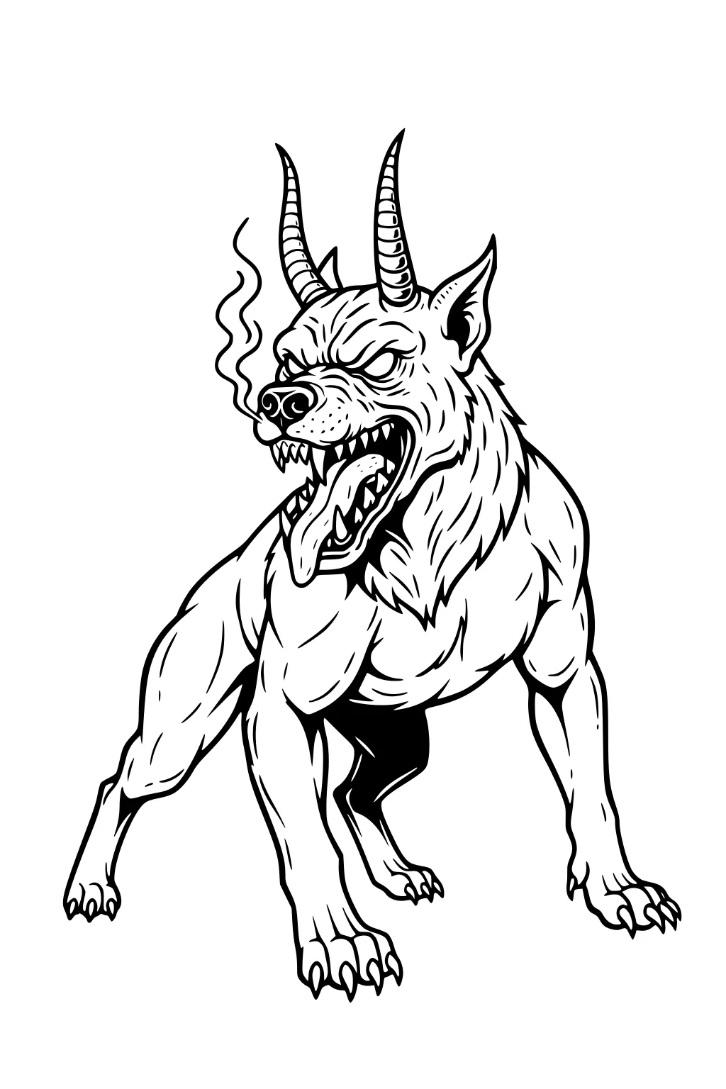Horned monster dog snarling, tongue out, smoke from nose, muscular body, sharp claws and teeth, bold black line art.