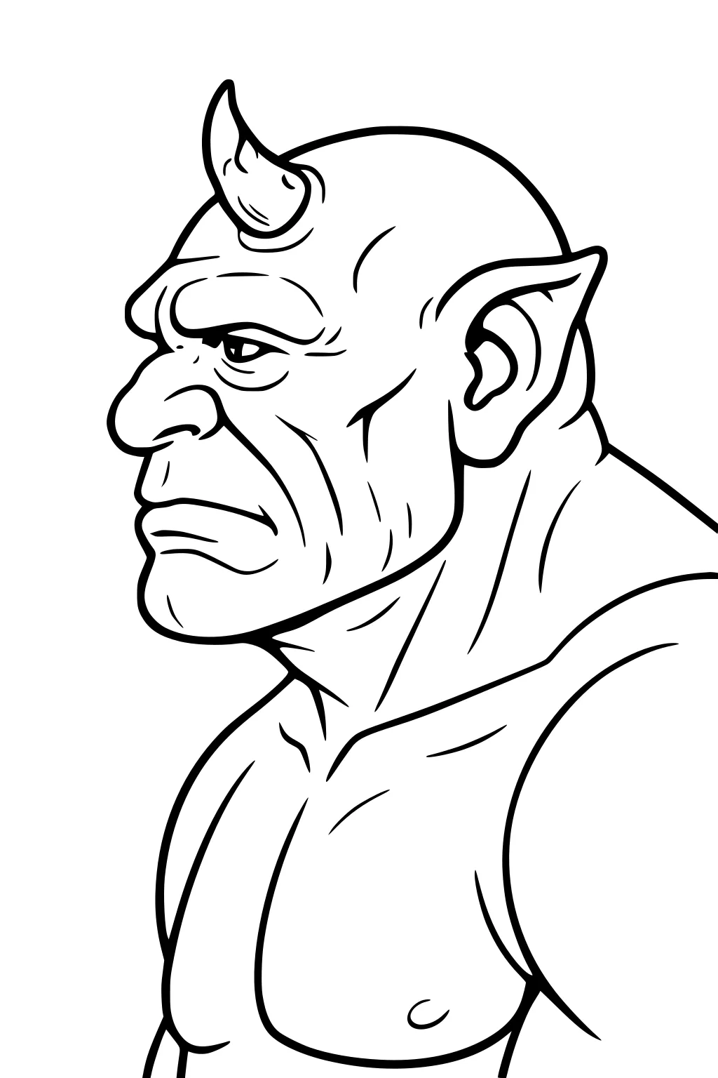 Line art of a horned ogre in side profile, bald head, pointed ear, wrinkled face, and muscular chest with bold black outlines.
