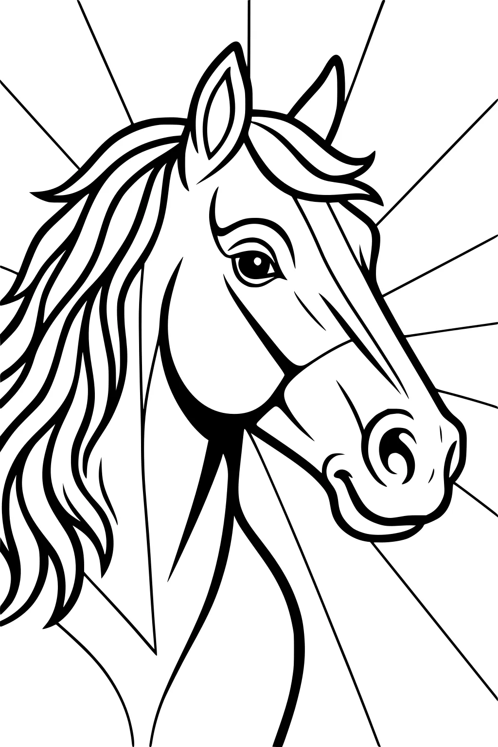 Horse head with long wavy mane and sunray lines in the background, outlined in simple bold black lines.