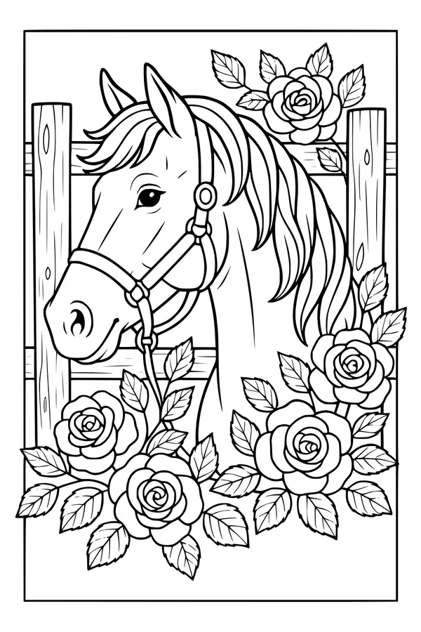 Horse with Roses By the Fence