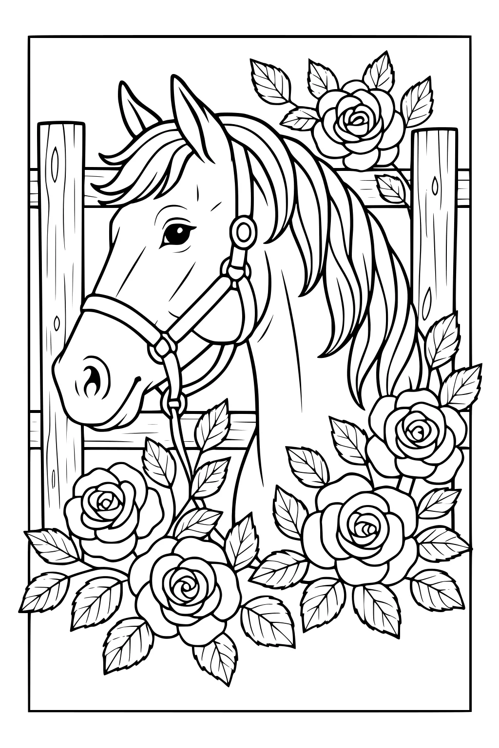 Horse with bridle behind wooden fence, surrounded by blooming roses and leaves.