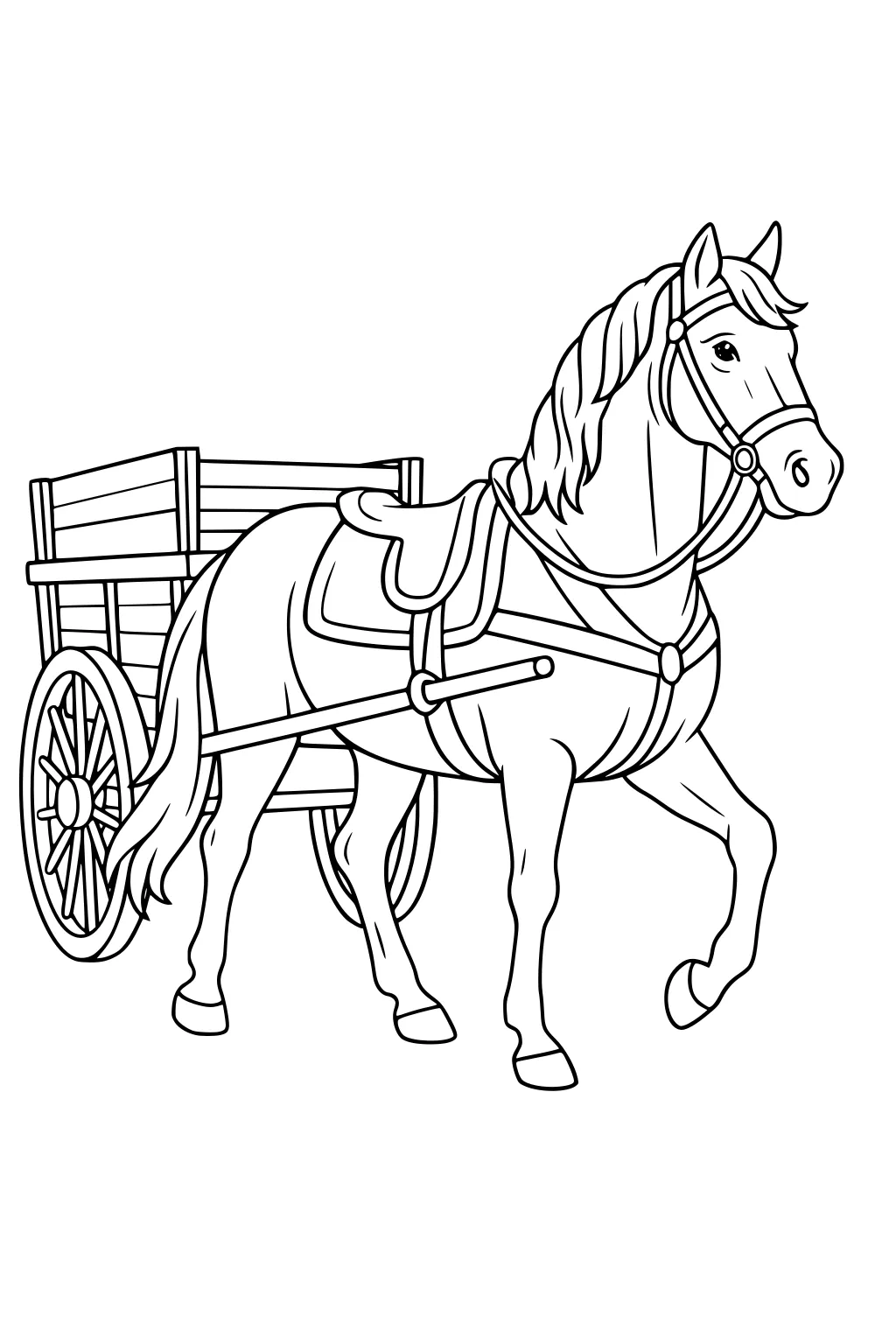 Horse with flowing mane pulling an empty wooden wagon with big spoked wheels, shown in side view.