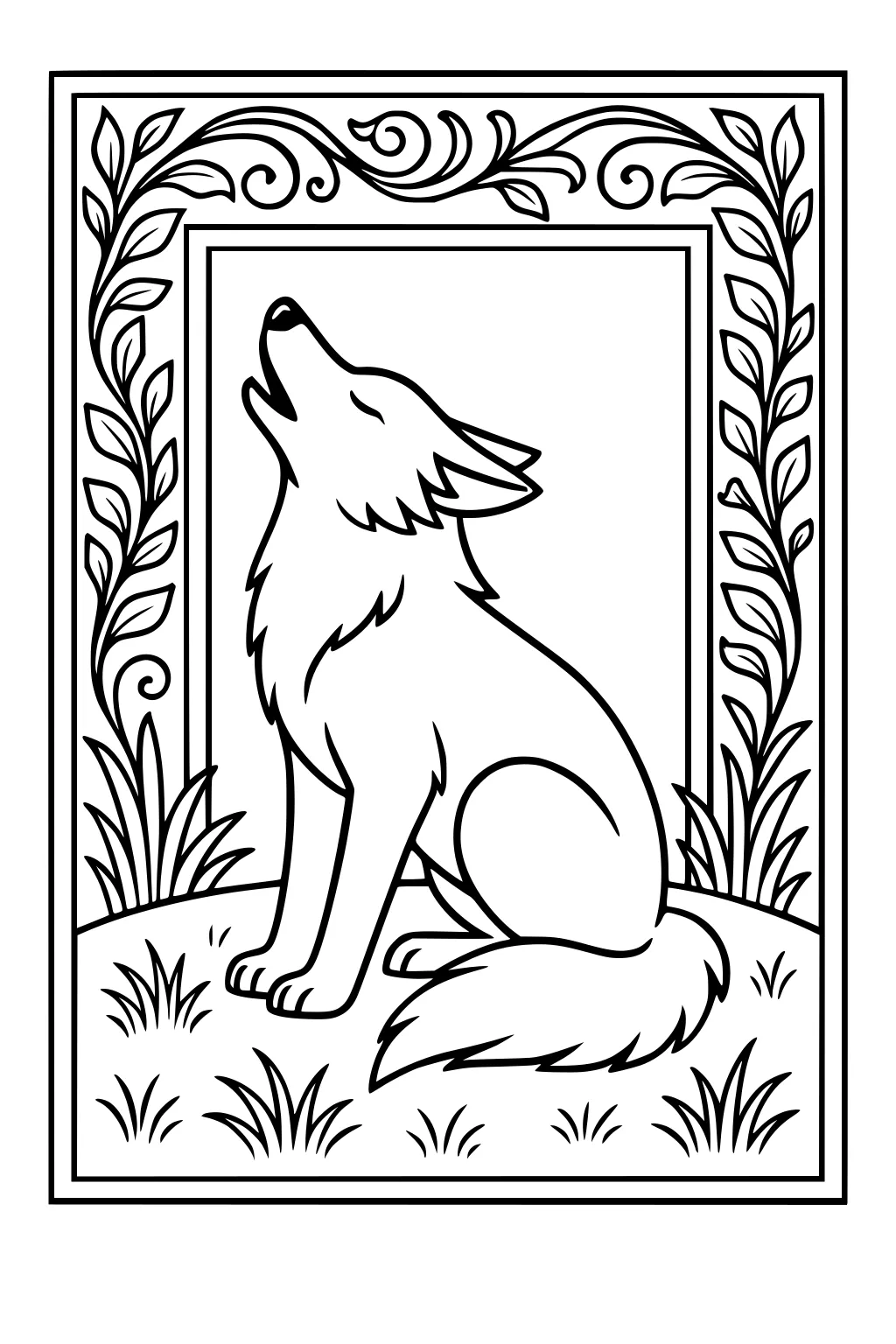 Coyote sitting on grass, head lifted in a howl, framed by leafy decorative border with swirls and leaves.