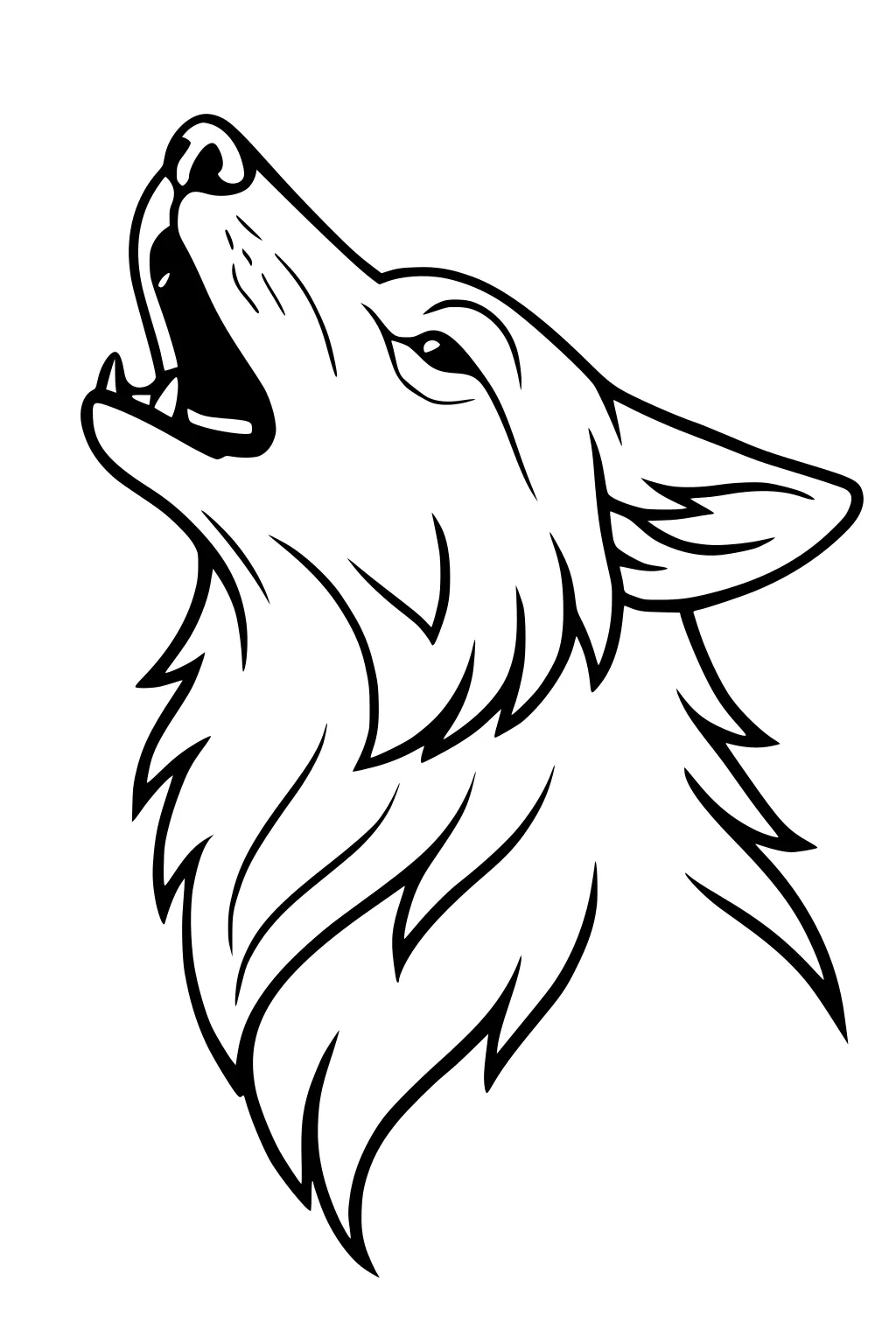 Black and white outline of a coyote’s head howling, mouth open, with bushy fur and pointed ears.
