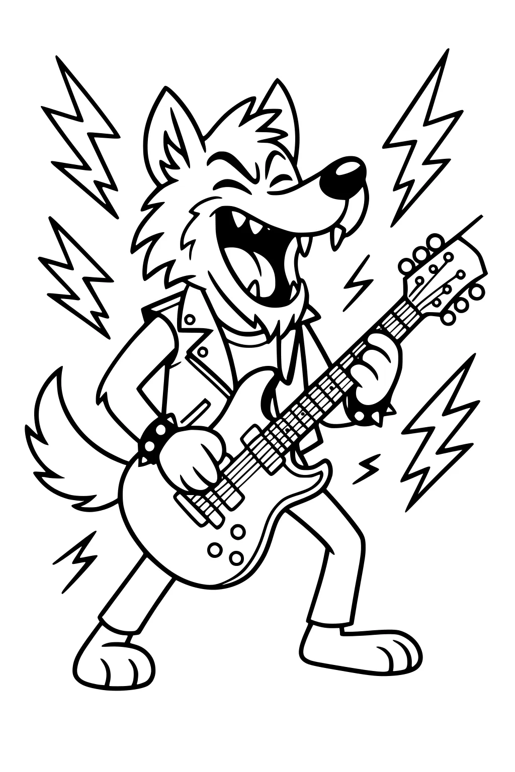 Cartoon wolf in a leather jacket playing an electric guitar, mouth open in a howl, surrounded by lightning bolt shapes.