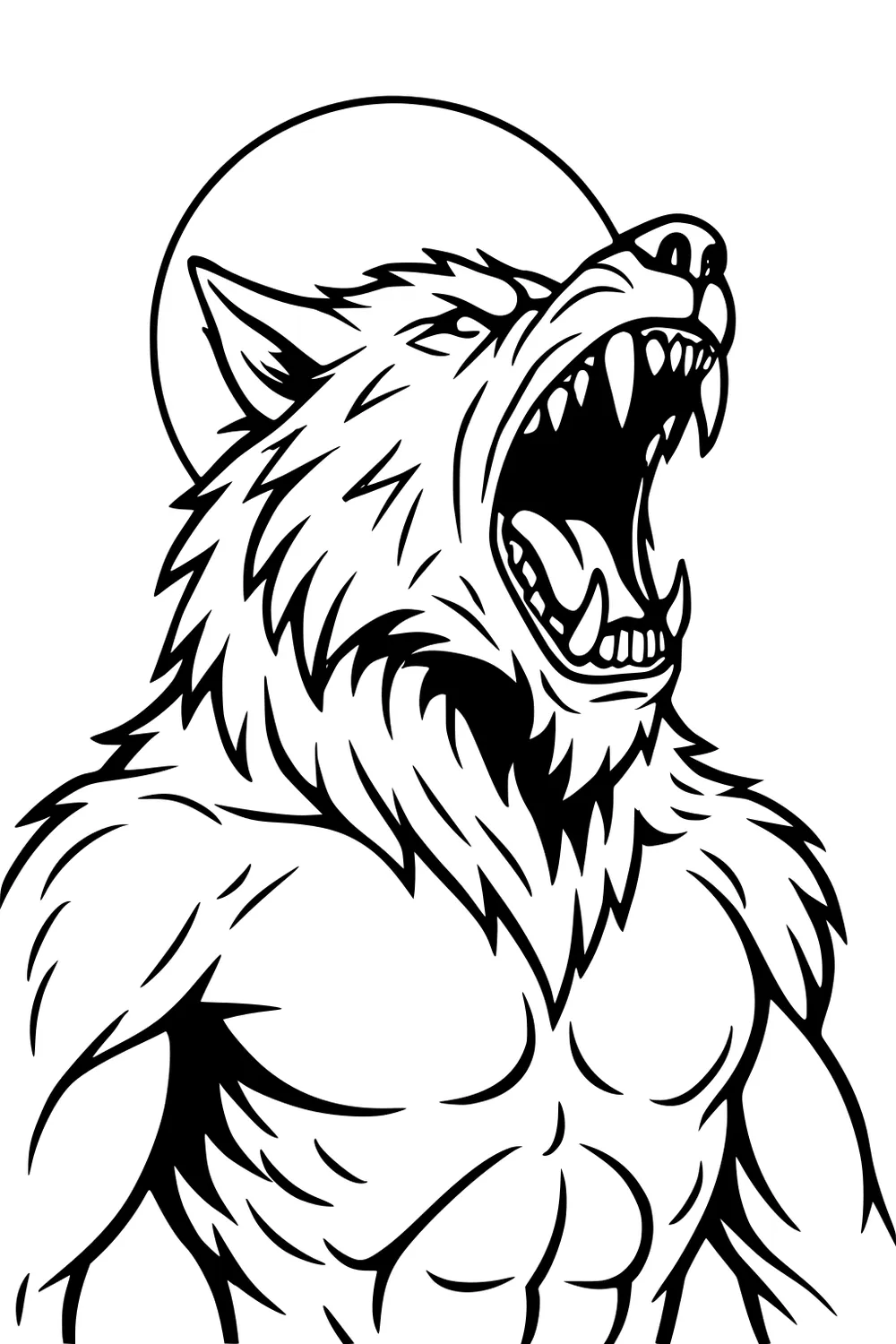 Muscular werewolf howling, mouth wide with fangs, thick fur and pointed ears, with a round full moon behind his head.