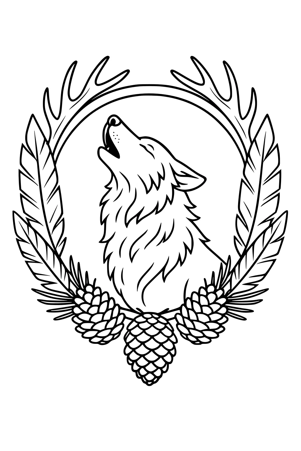 Howling wolf head in a circular crest with antlers, large leaves, and three pinecones with needles at the bottom.