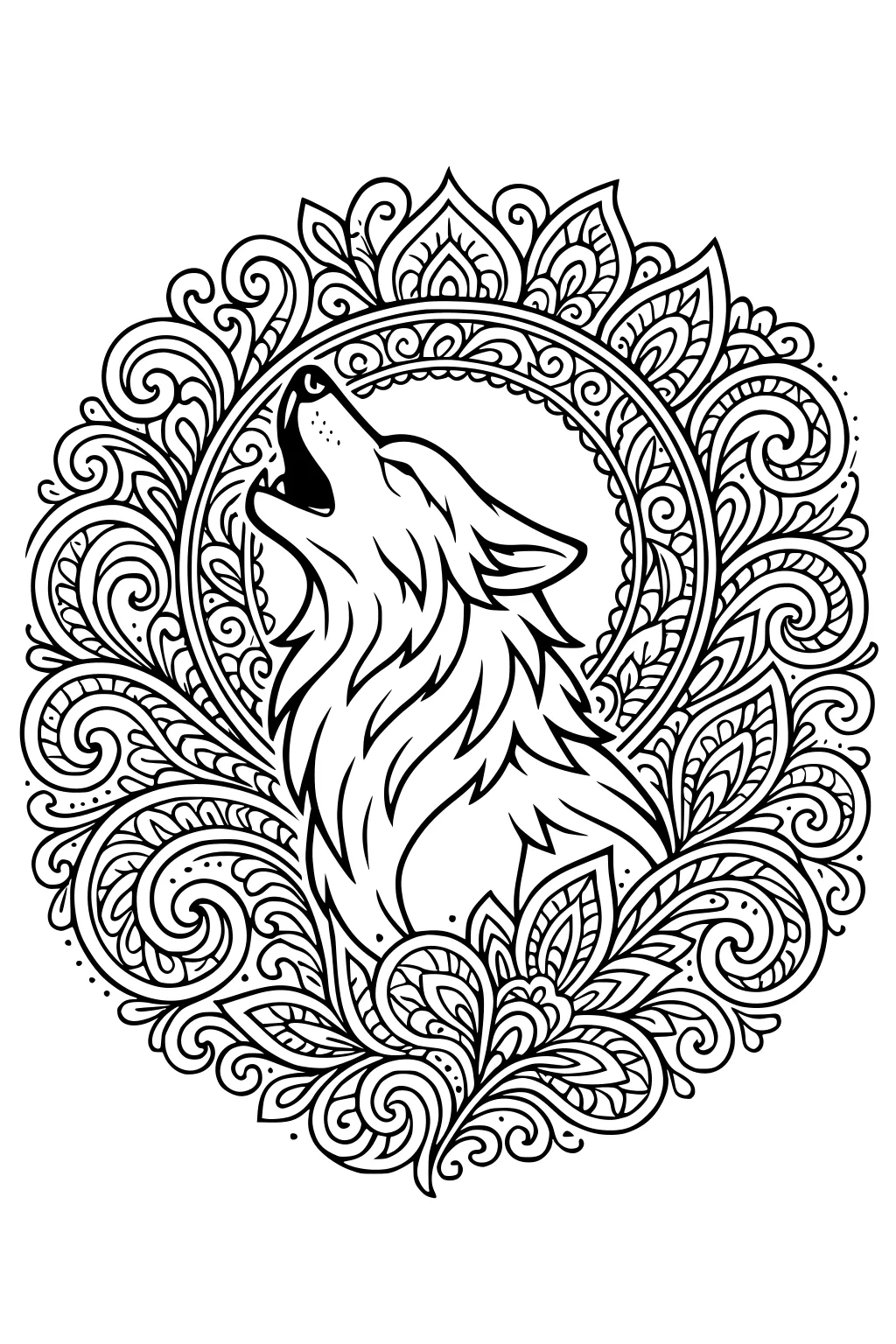 Howling wolf with layered fur inside a round mandala of leaves, curls, and dots drawn in bold outlines.