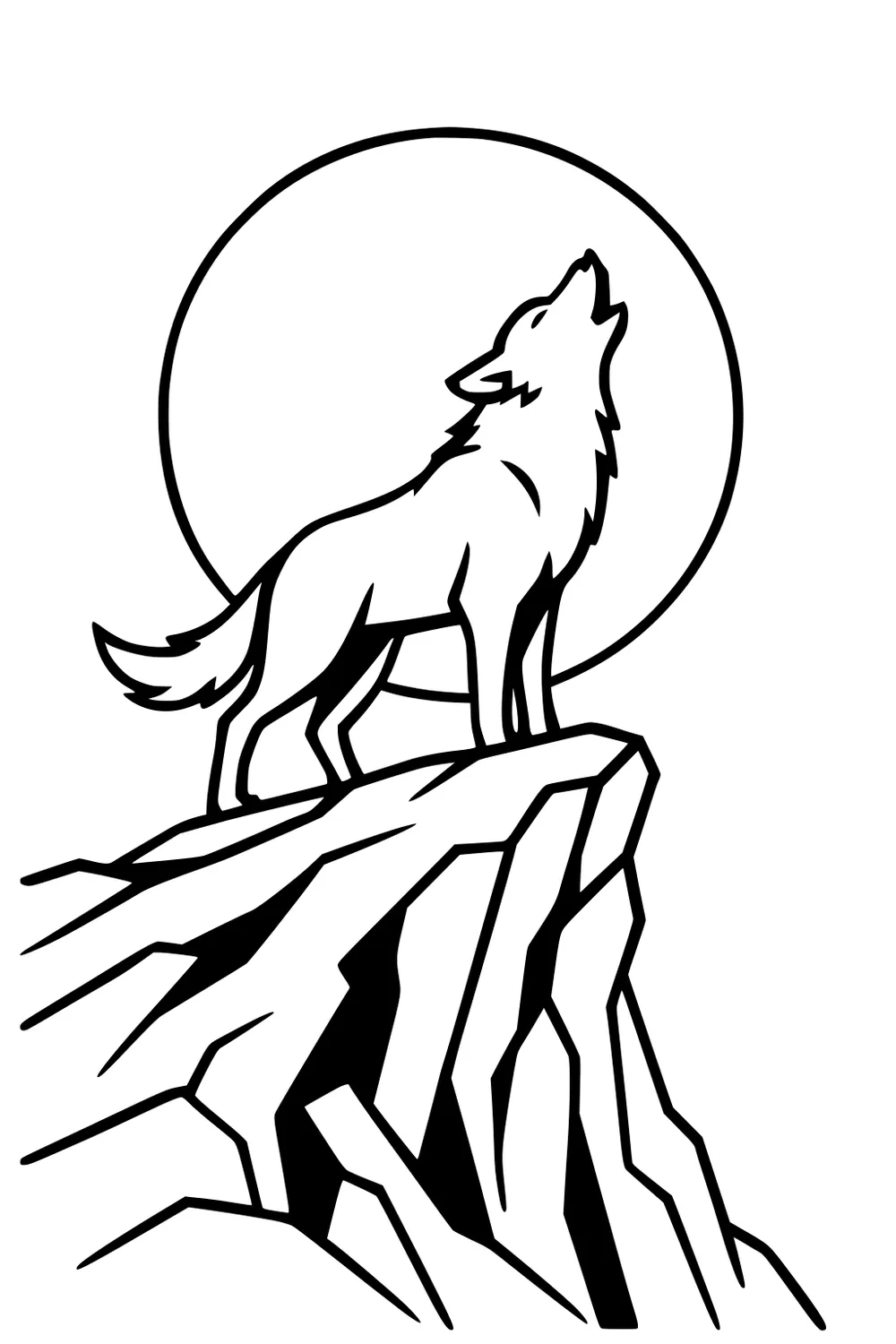 Howling wolf on jagged cliff with large full moon behind, bold black outlines and open spaces for easy coloring.