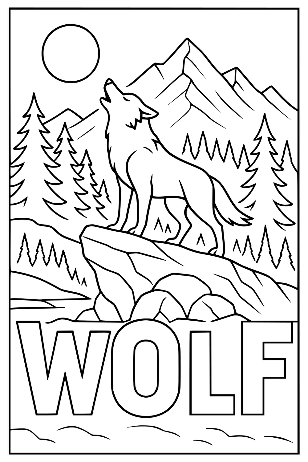 Wolf howling on a rock with mountains, pine trees, and a round sun; large WOLF letters at the bottom.