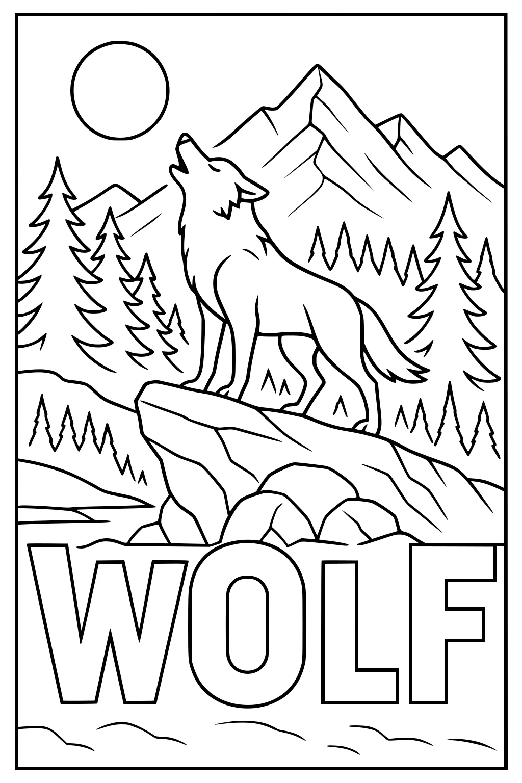 Wolf howling on a rock with mountains, pine trees, and a round sun; large WOLF letters at the bottom.