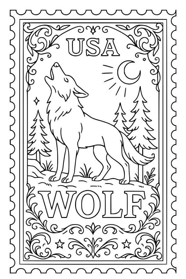 Moonlit Wolf on Forest Stamp