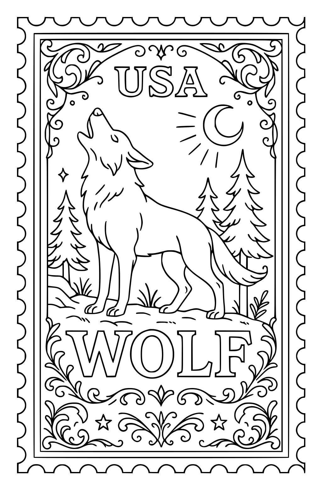 Howling wolf on a rock beneath a crescent moon, pine trees and stars, inside an ornate USA postage stamp frame and WOLF text.