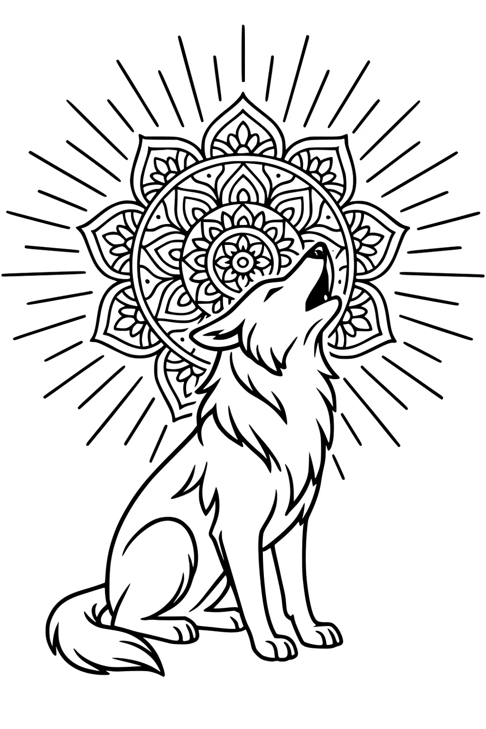 Howling wolf pup sitting, tail curled, with a detailed mandala sun behind him and radiating lines; bold black outlines for coloring.