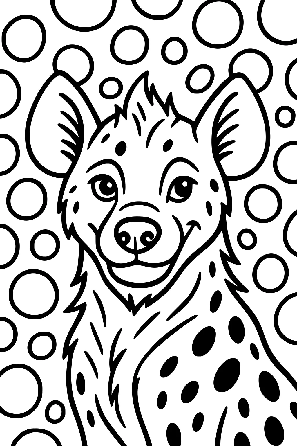 Spotted hyena with a happy face and big ears surrounded by many hand-drawn circles in the background.