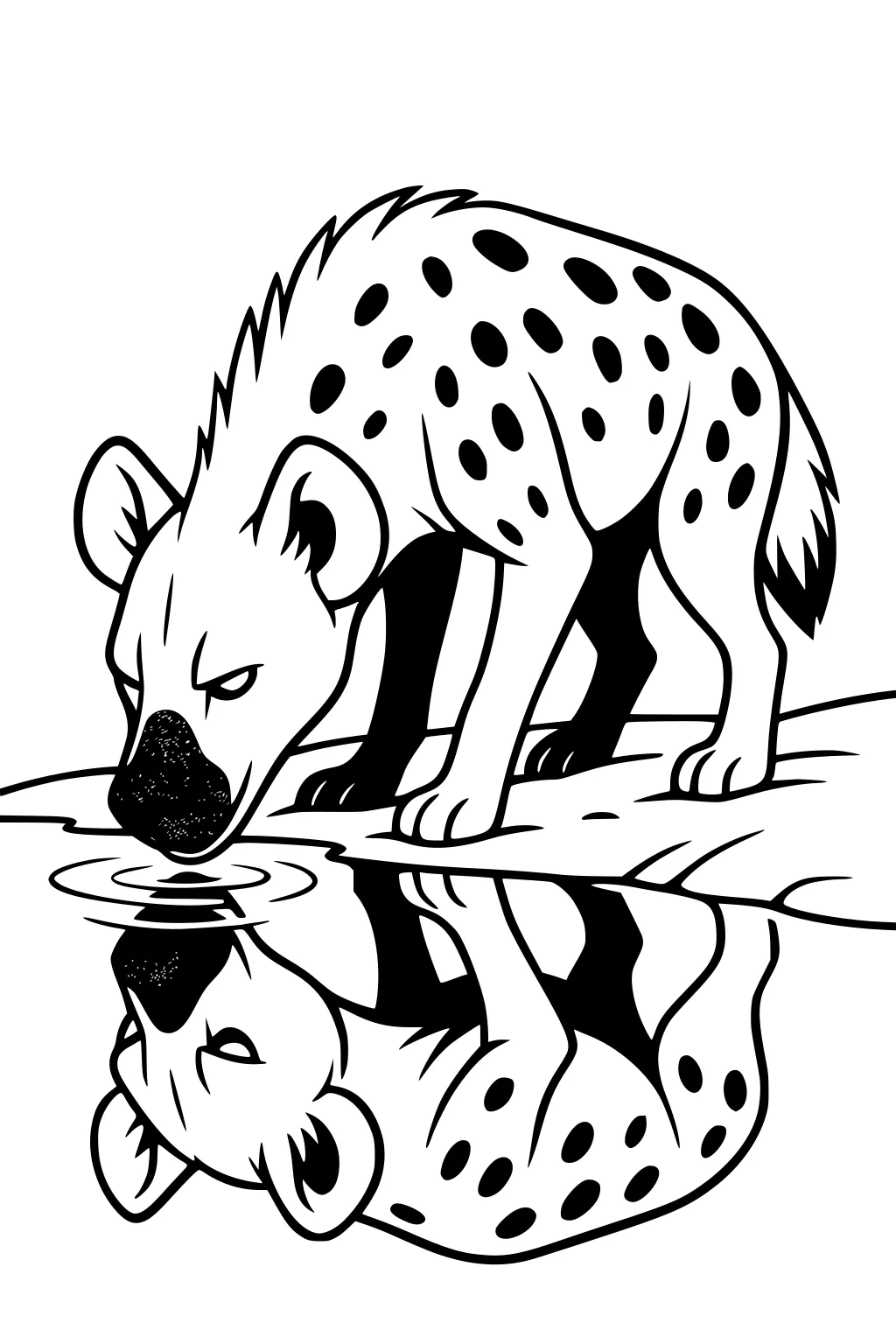 A spotted hyena drinks from a riverbank, its face and body reflected in the water below.