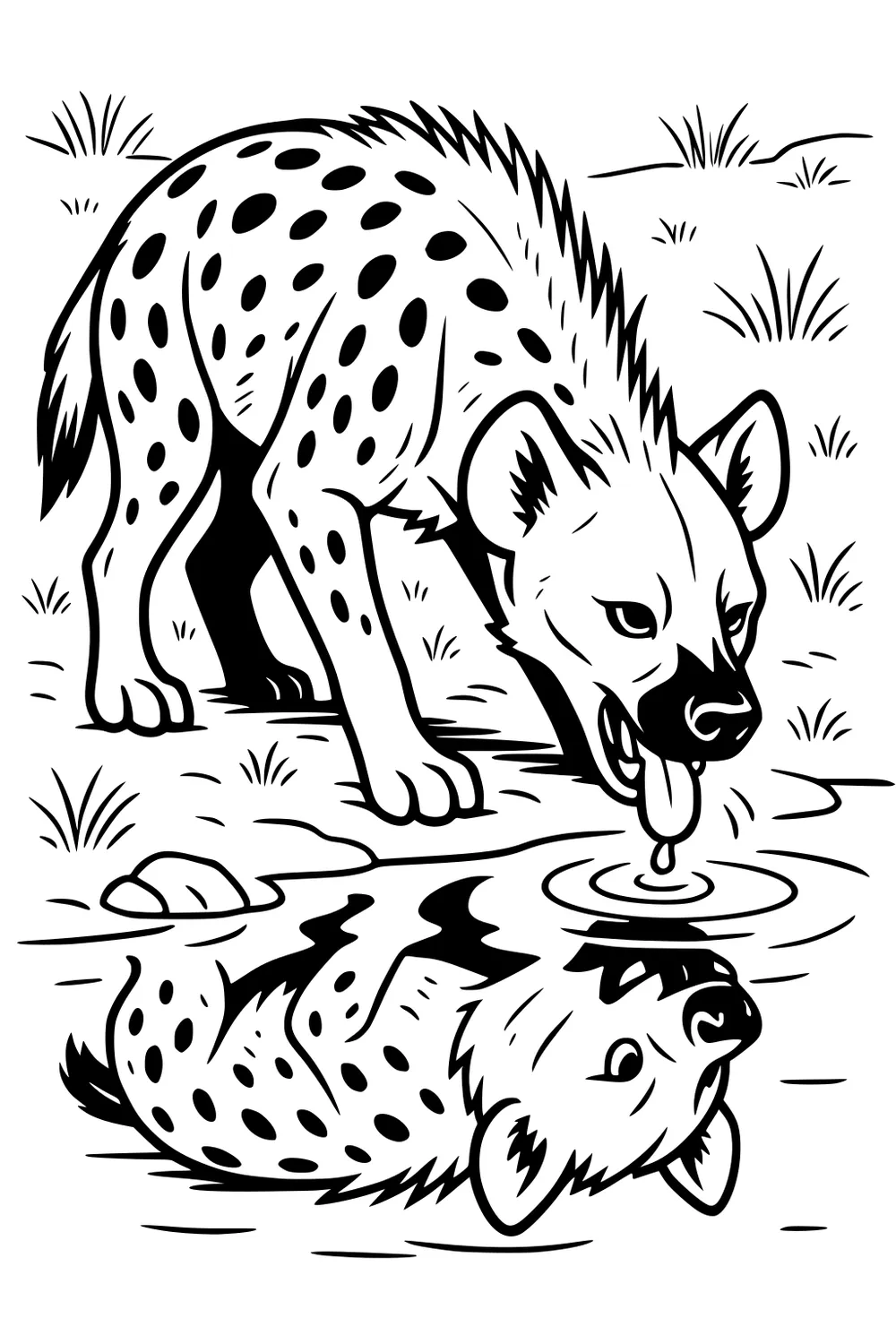 A spotted hyena with a spiky mane drinks from a pond, her reflection shown in the water, surrounded by grass and stones.