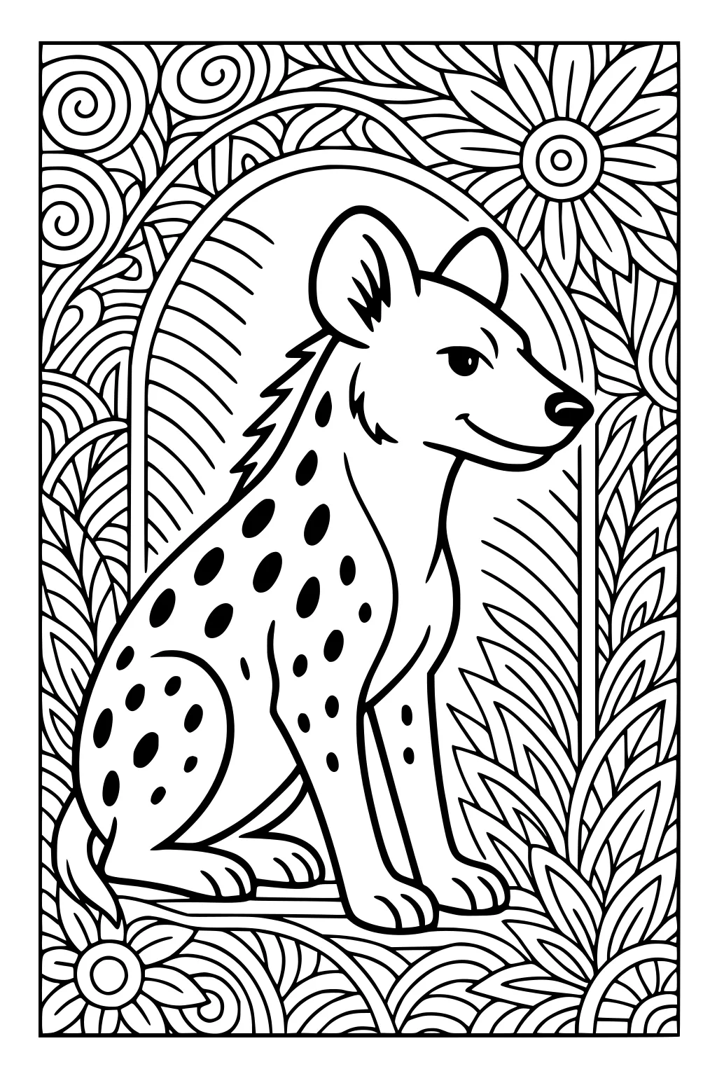 Smiling hyena with spots sitting in the center, surrounded by flowers, leaves, and swirled patterns in a jungle setting.