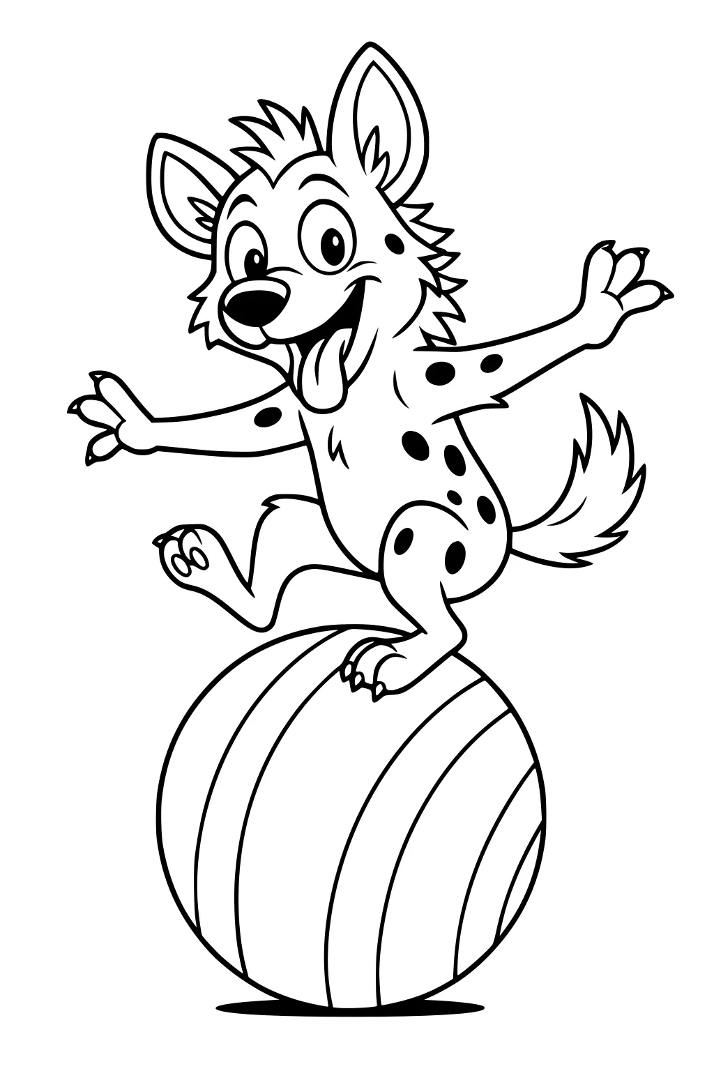 Cartoon hyena with wide grin balancing on a large striped ball, arms and one leg out, tongue sticking out, outlined in black.