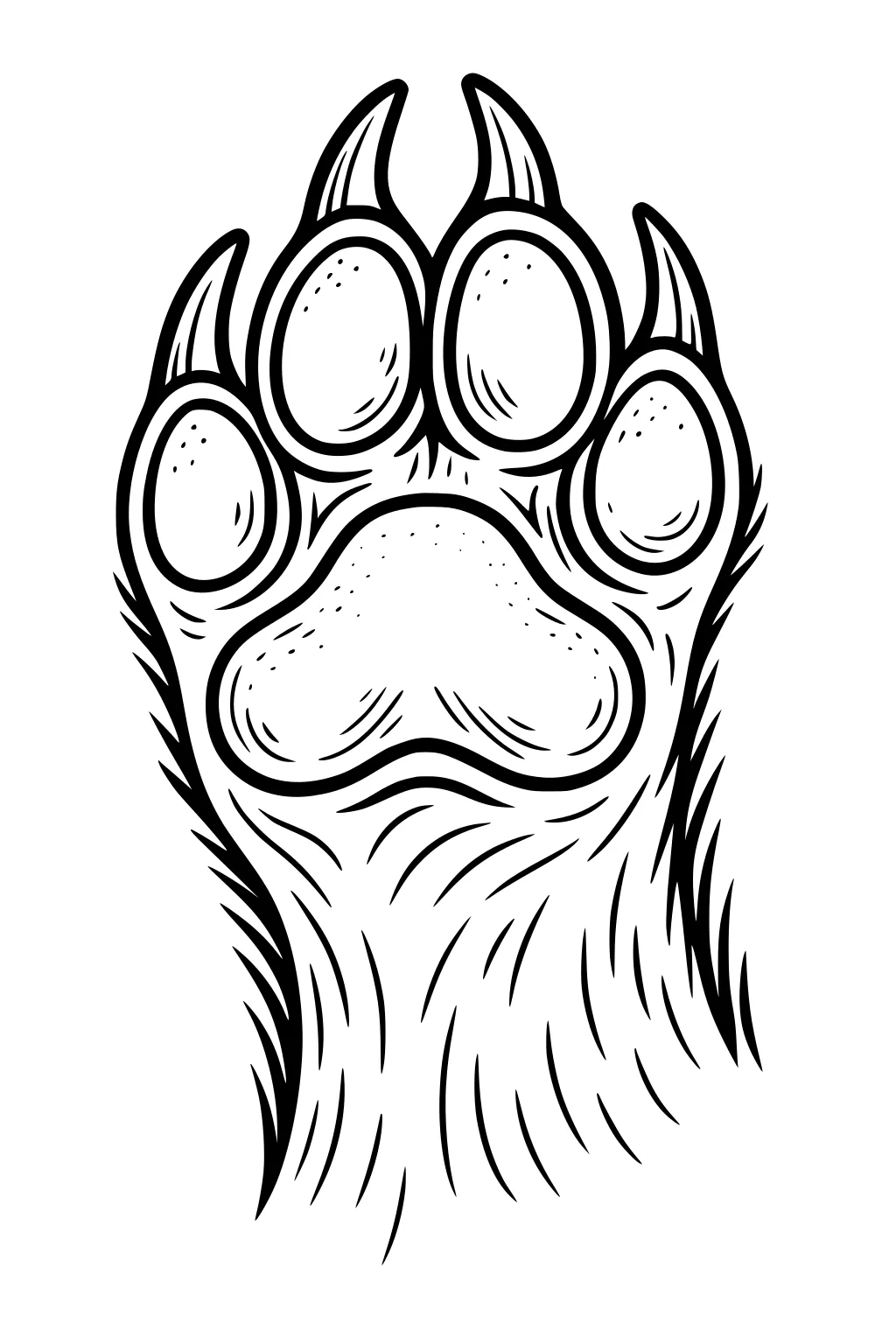 Line drawing of a hyena paw print with four toe pads, claws, and furry lines along the sides.