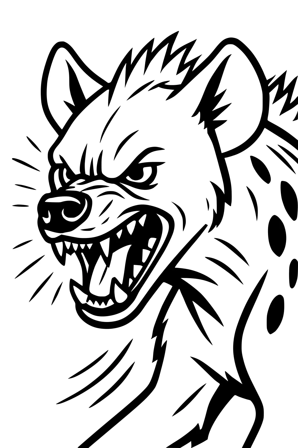 Bold outline drawing of a snarling hyena head with exposed teeth, upright ears, and spots on the neck.