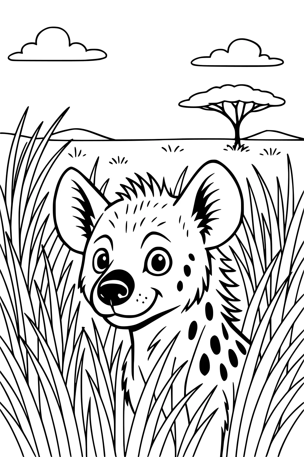 Cartoon hyena with spots smiling in tall grass on a savanna with clouds and a tree in the background.