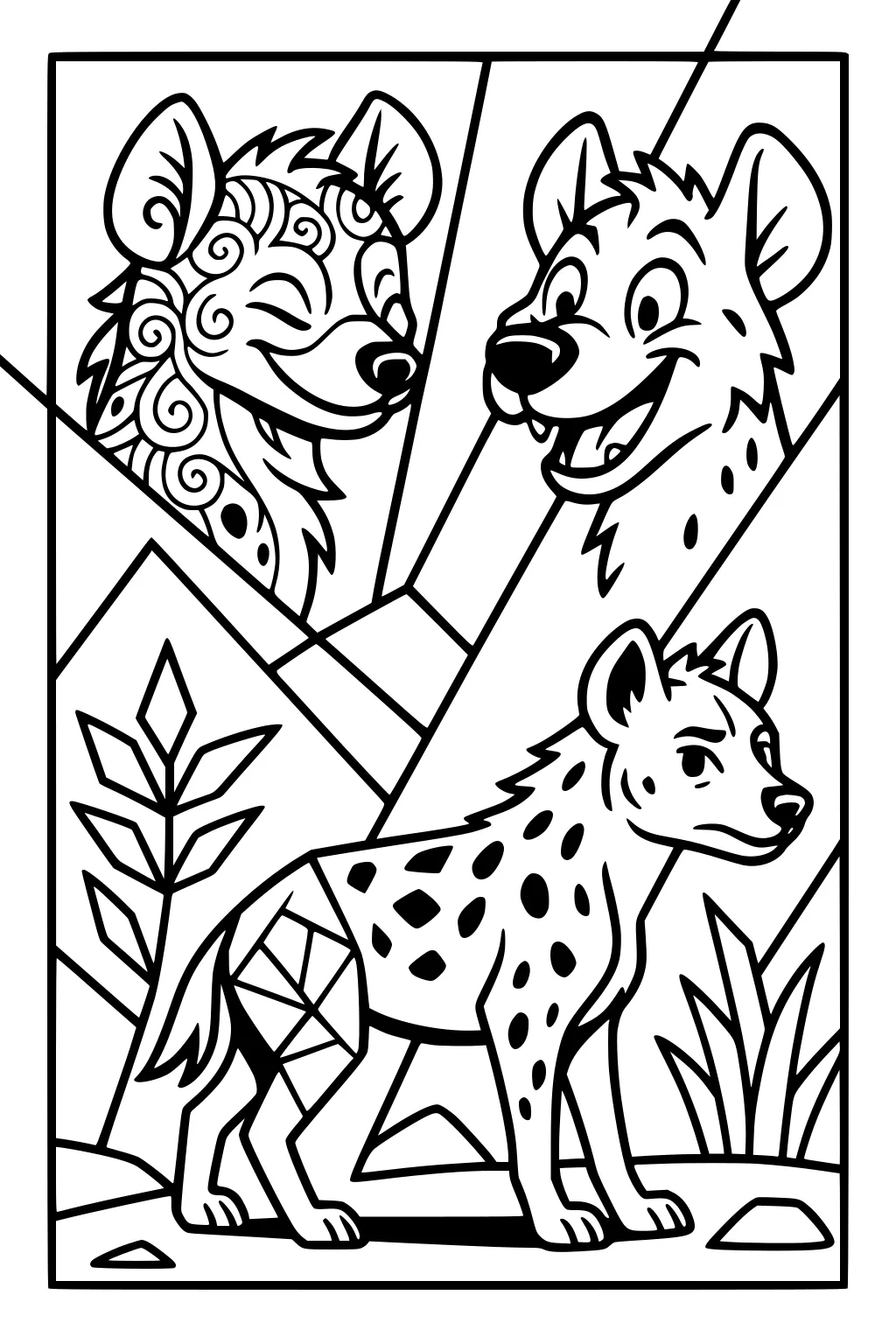 Three cartoon hyenas with geometric shapes, plants, rocks, and bold outlines.