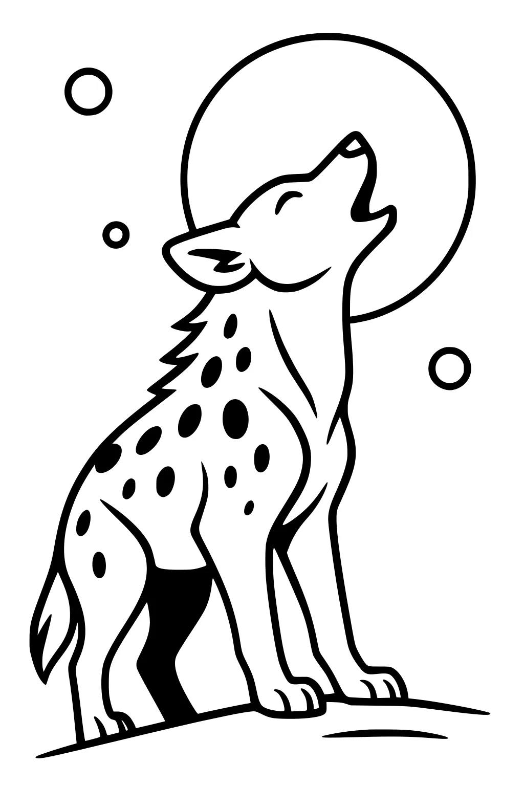 Cartoon hyena with spots howling at a large moon, standing on a hill with round shapes in the background.