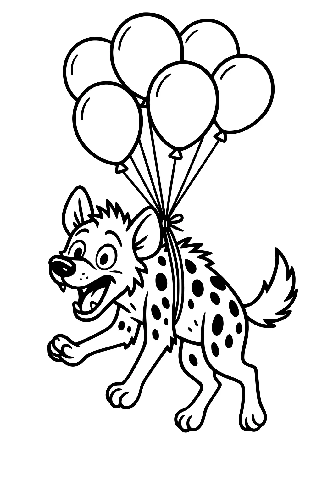 Smiling cartoon hyena with seven balloons tied around waist, standing on four legs with perked ears and spots.