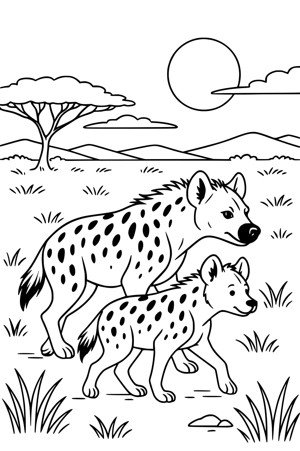 Two spotted hyenas walking in savanna grass, big sun, tree, and hills in background