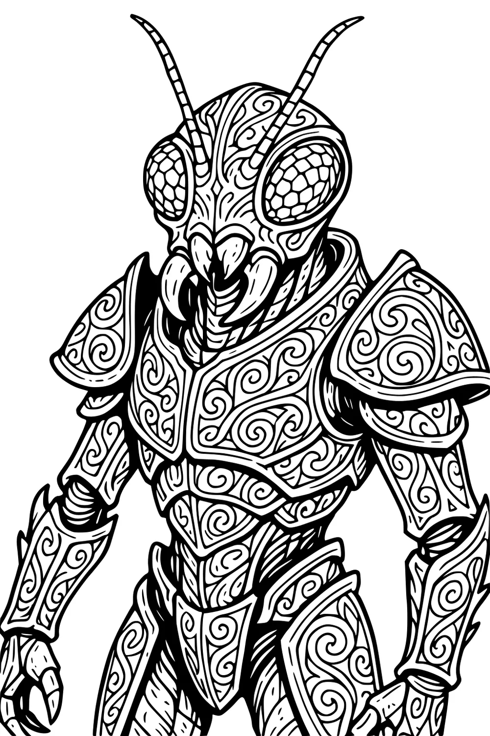 Insect alien wearing ornate swirled armor, with antennae, big compound eyes, and clawed hands in bold line art.