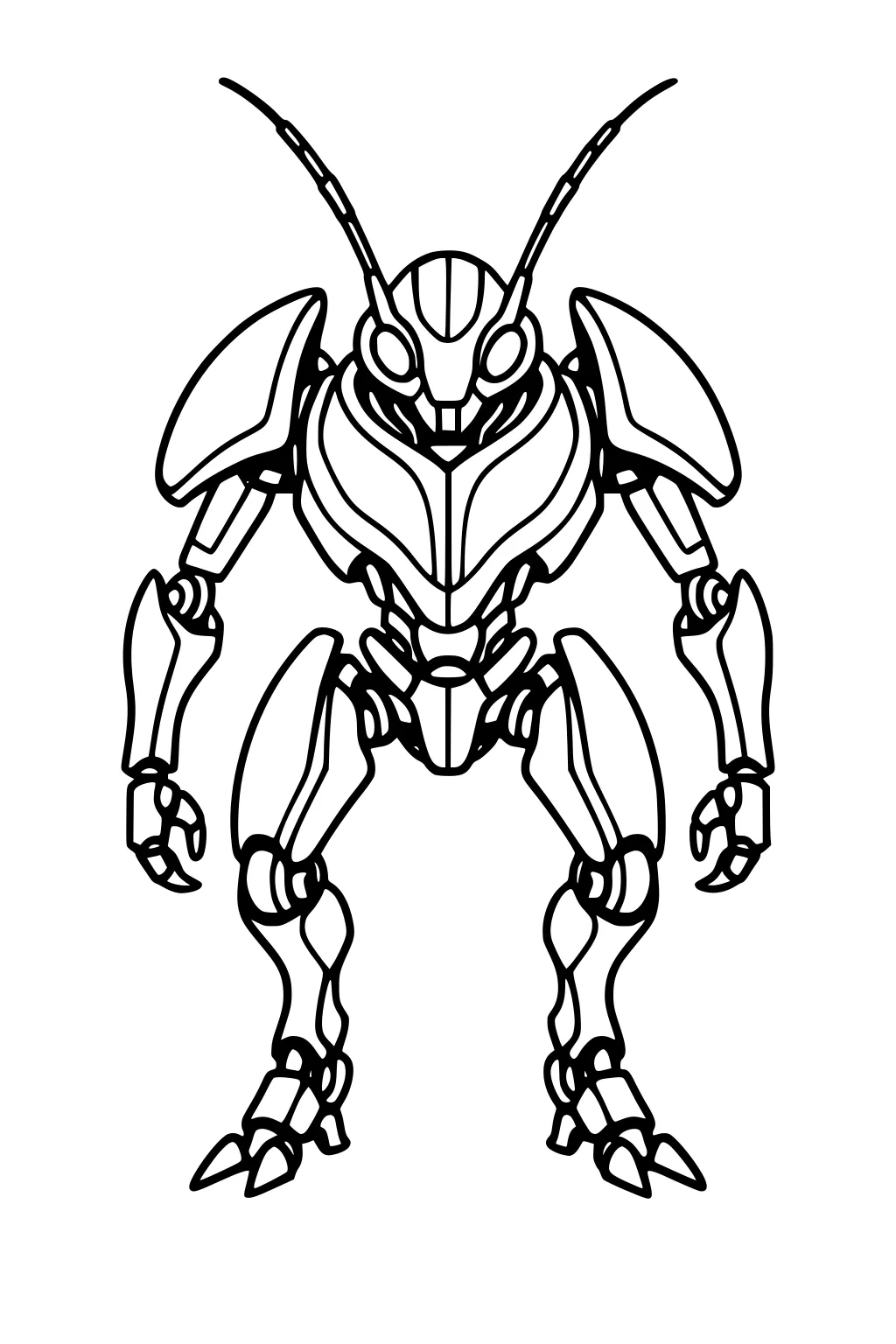 Insect-inspired robot with antennae, eyes, layered armor, clawed hands, and pointed feet, front view with bold outlines.