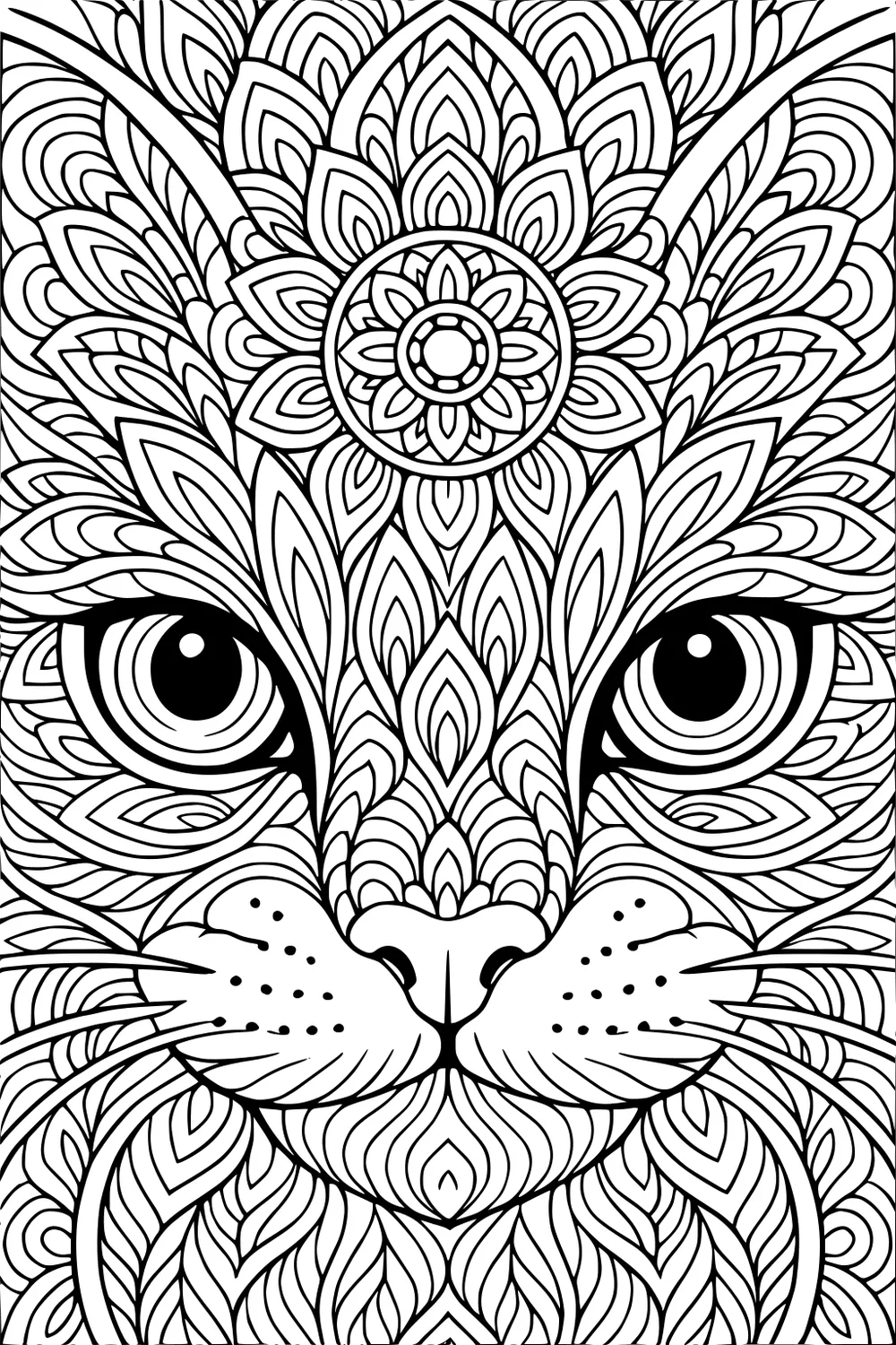 Cat face with large eyes and detailed mandala patterns covering fur, nose, and forehead, including a central flower shape.