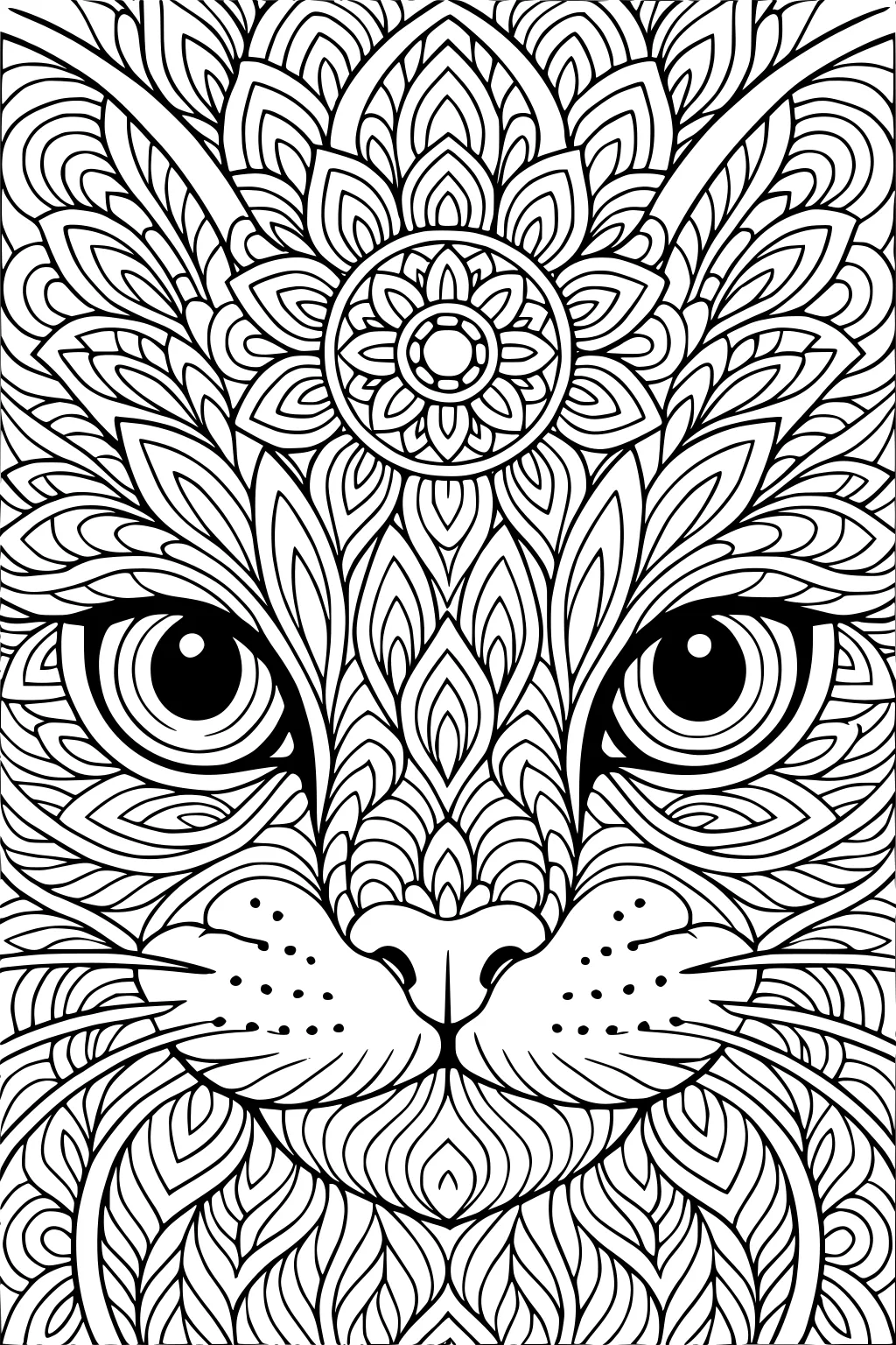 Cat face with large eyes and detailed mandala patterns covering fur, nose, and forehead, including a central flower shape.