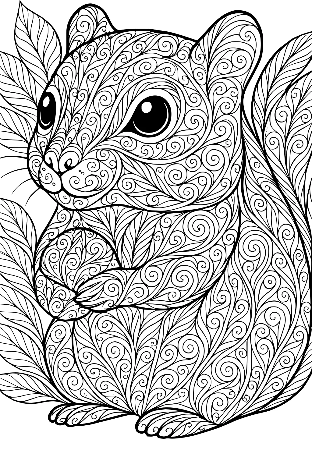 Chipmunk with big black eyes, swirling fur patterns, curled paws, and leafy background, all in detailed line art.