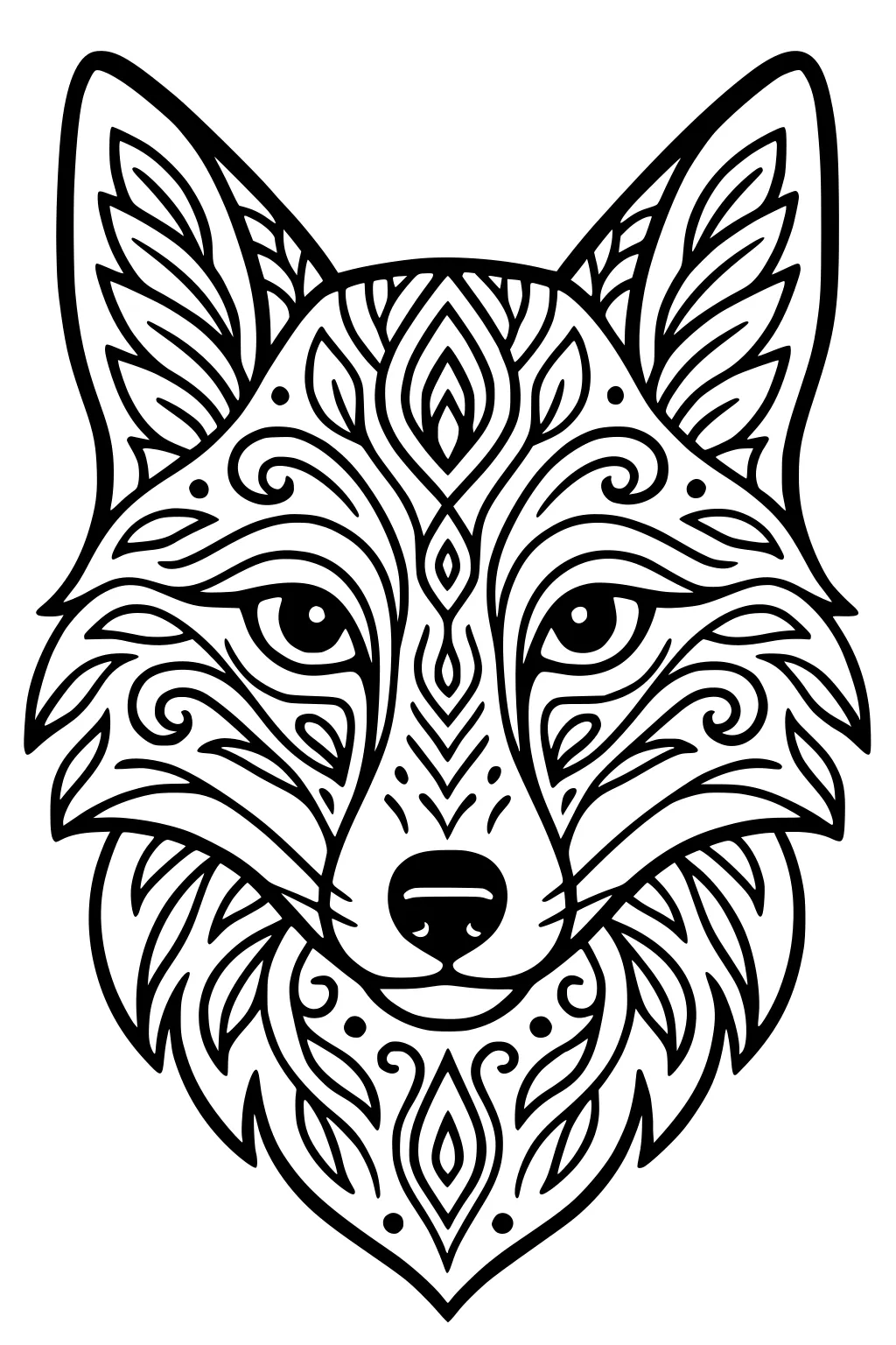 Black and white drawing of a fox face with bold outlines and swirling, leafy patterns across ears and fur.
