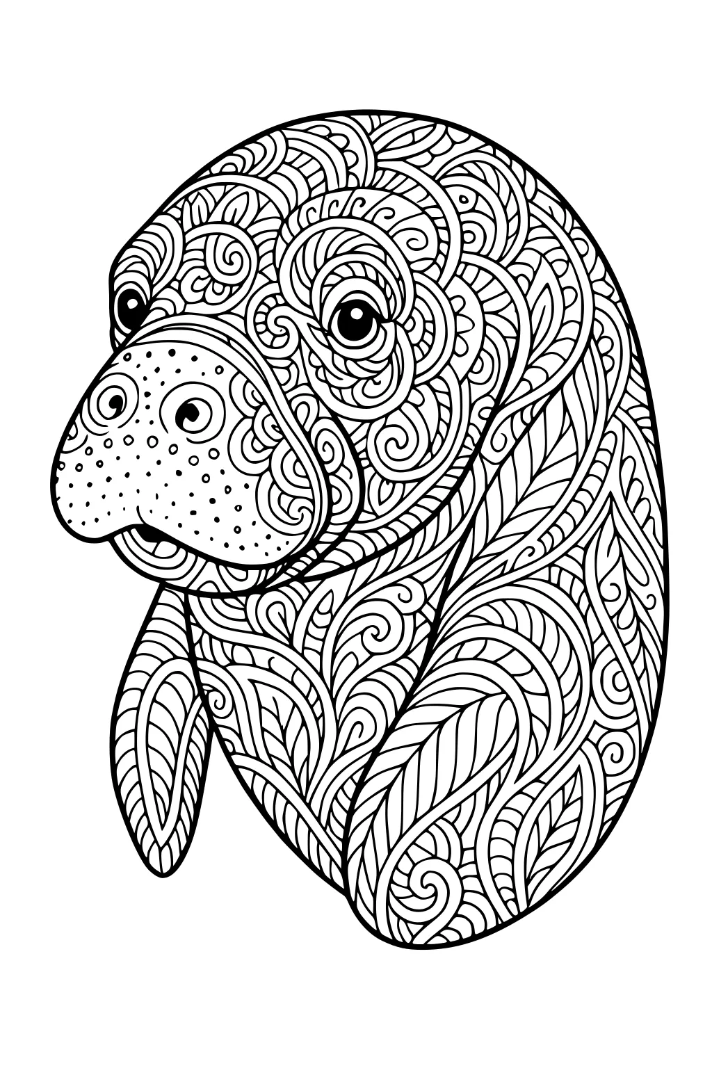 Manatee with large swirly patterns, leafy lines, and dotted nose, looking forward with one flipper visible.