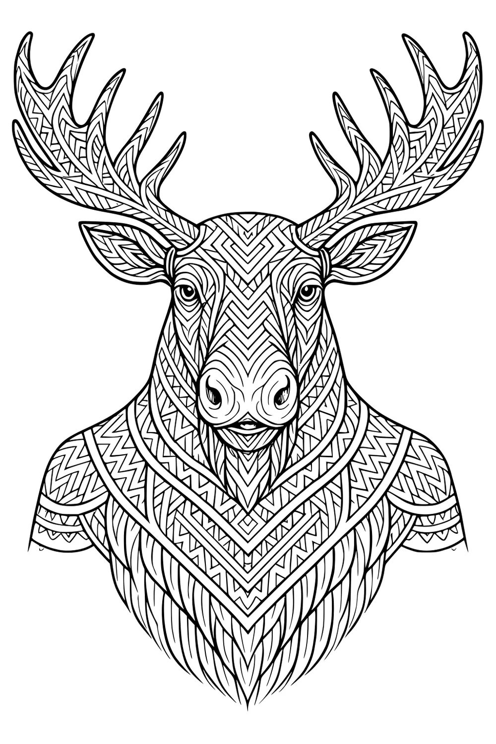 Geometric moose face with patterned antlers and chest, filled with zigzags, triangles, and curved lines.