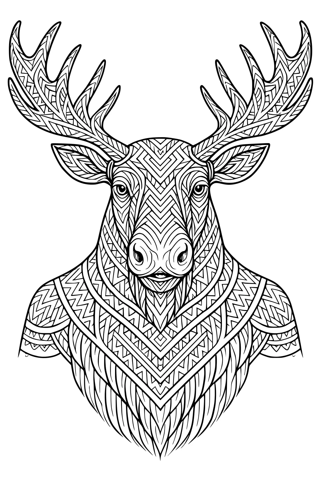 Geometric moose face with patterned antlers and chest, filled with zigzags, triangles, and curved lines.