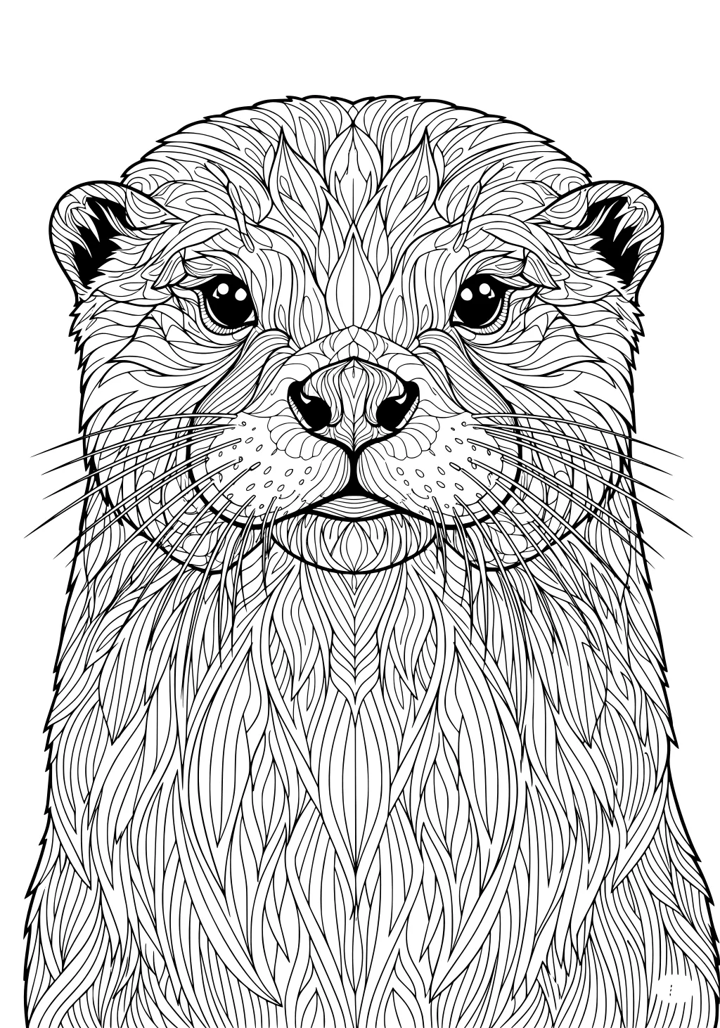 Detailed line drawing of an otter's face with patterned fur and long whiskers